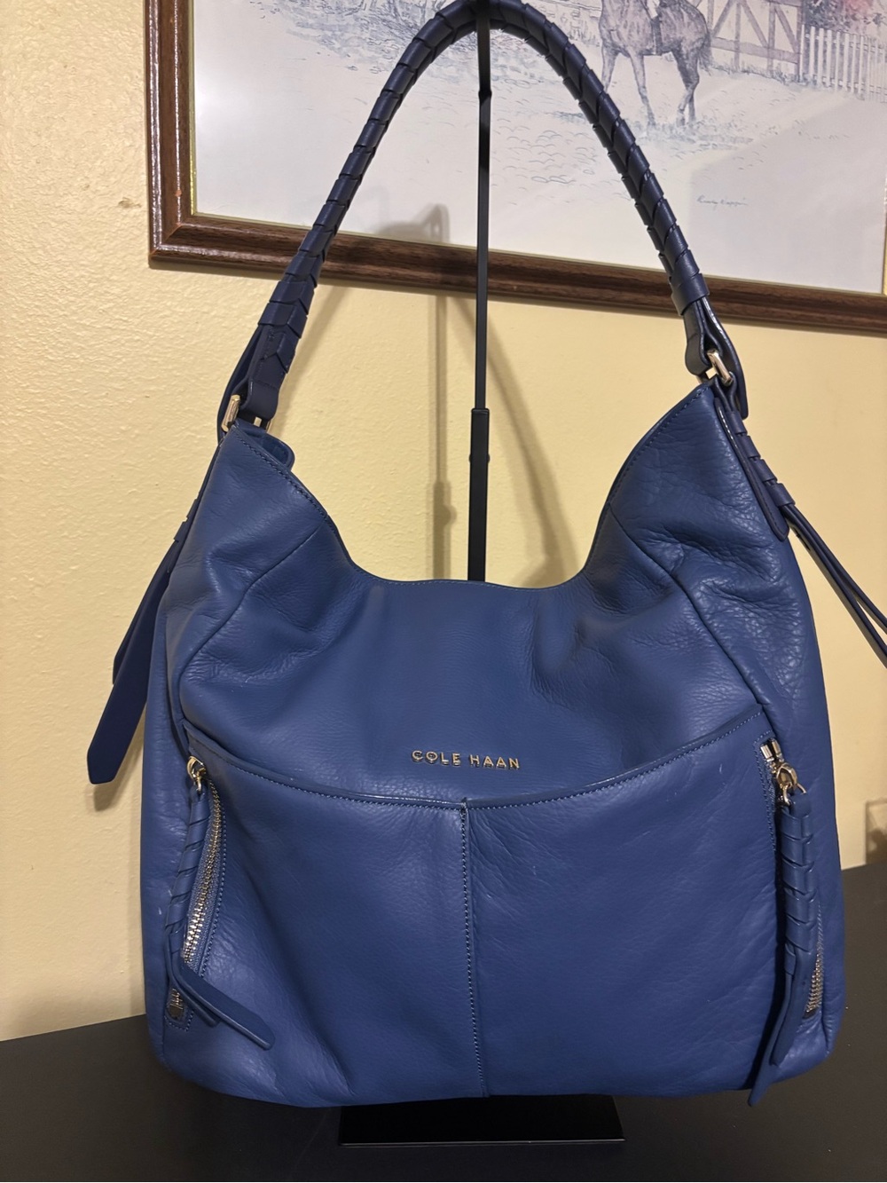 Cole Haan Navy Blue Pebbled Leather Shoulder Hobo